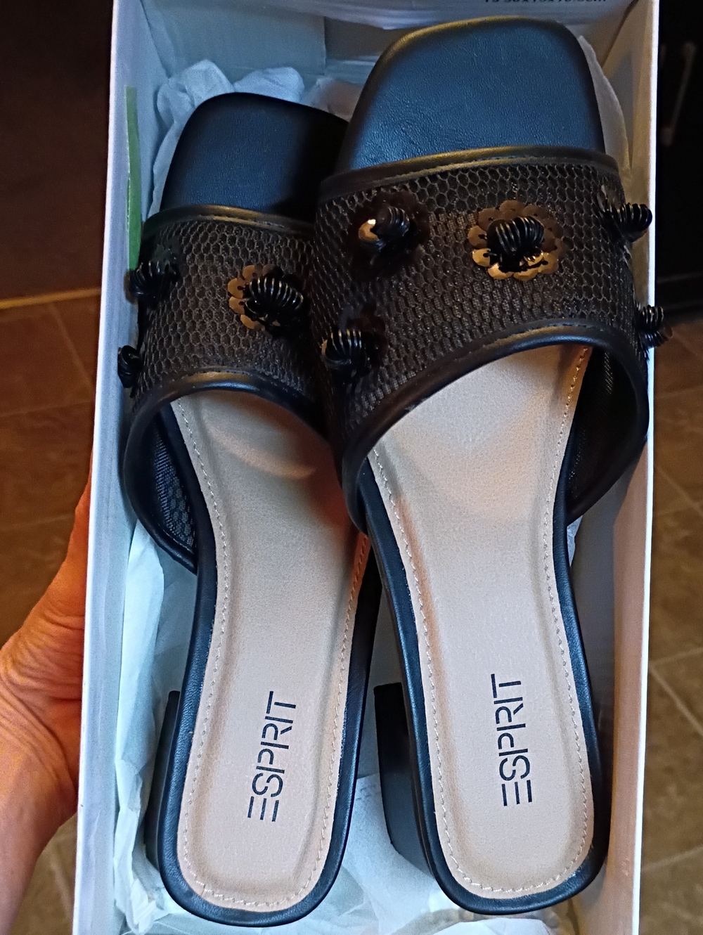 Esprit Women's Black Slip-On Mules with Knotted Floral Accents Size 7, NWT W/Box